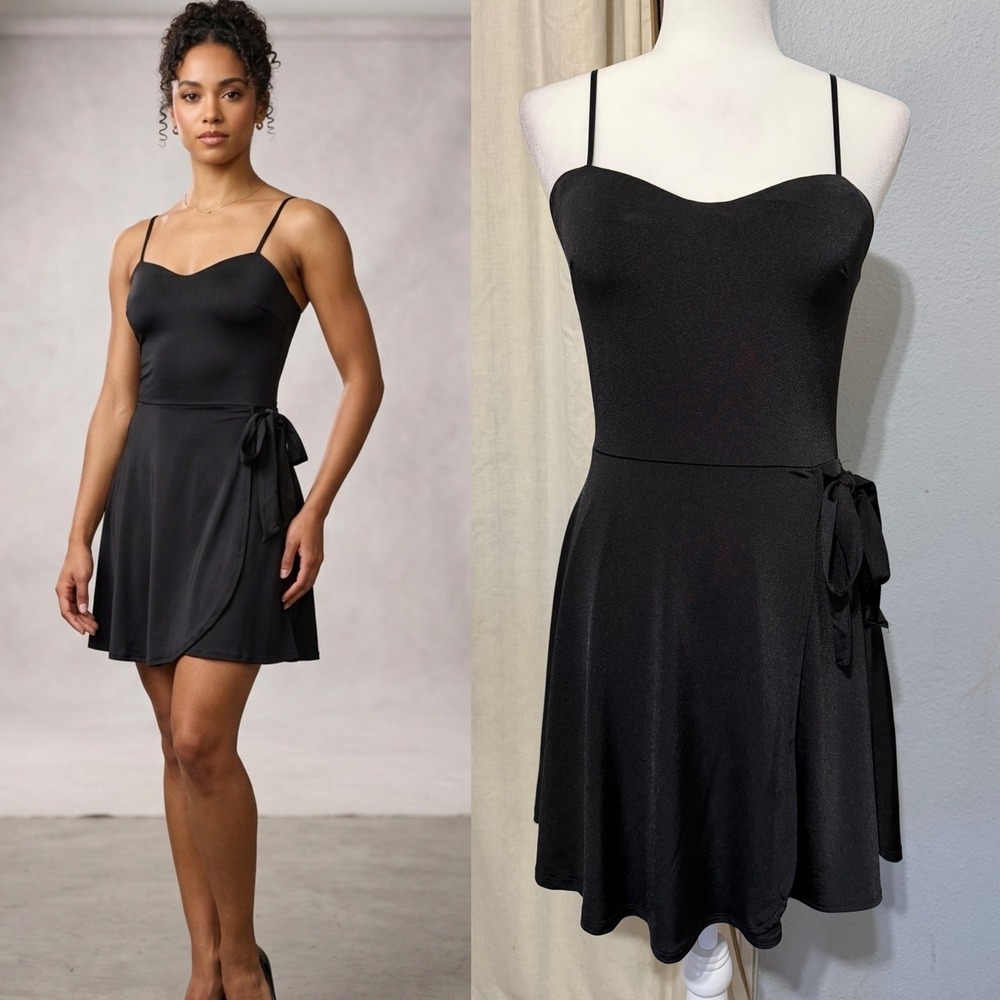 Y2K Black Sweetheart Faux Wrap Mini Dress XS Spaghetti Strap Skater Cocktail LBD